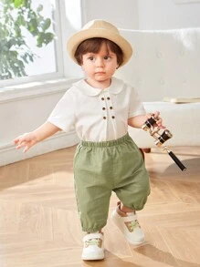 SHEIN Leap Crew Baby Boy Peter Pan Collar Decorative Button Sweatshirt And Solid Color Shorts Set - Mint Green - View 6