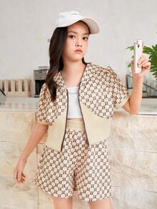 SHEIN Cô gái Tween Giải trí áo có mũ Áo len Mở Và Bộ quần short - Cà phê nâu - Xem 6