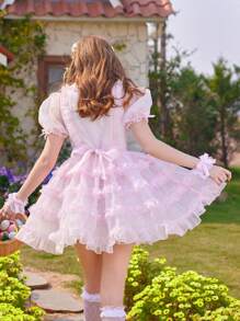 ROMWE PUNK Women's Mesh Ruffle Short Puff Sleeve Dress, School - Pink - View 5