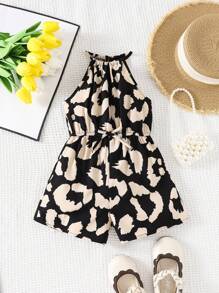 SHEIN Young Girls' Leopard Print Sleeveless Halter Neck Backless Romper With Waist Belt - Black - View 9