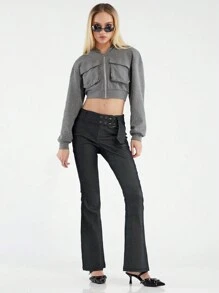 Forever 21 女性復古灰色高腰束腰減肥喇叭褲,具彈性