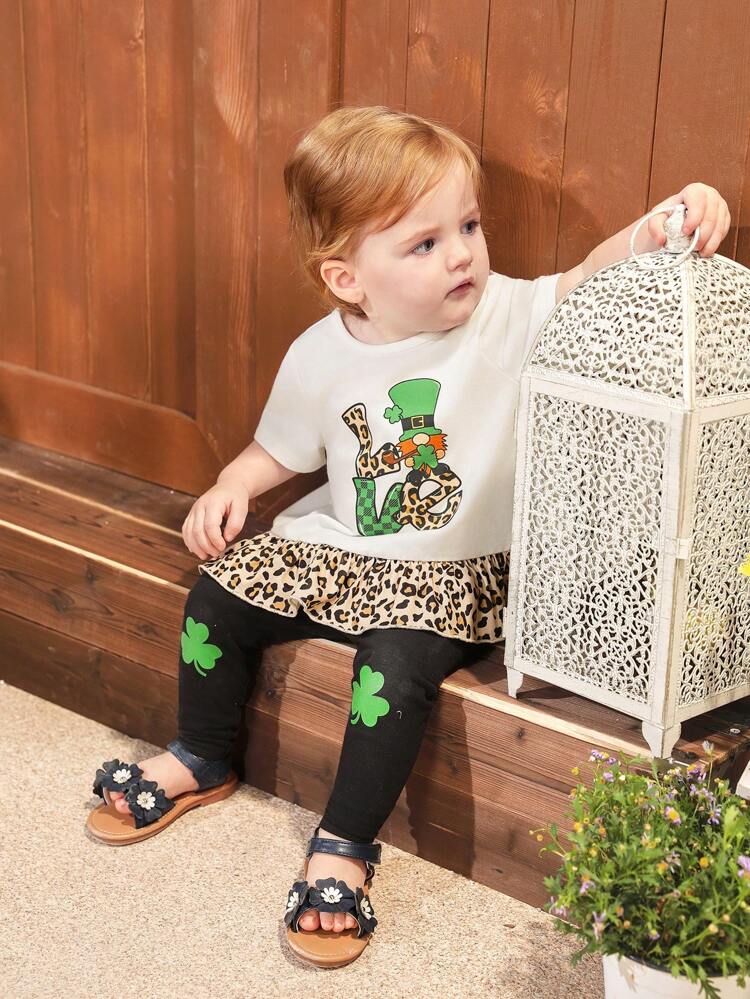Baby Girl Leopard Patchwork Short Sleeve Top With Ruffle Trim And Tight Pants Casual Outfit