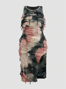 Flirla 大码扎染镂空开衩连衣裙女装夏季 - 棕色 - 查看 1