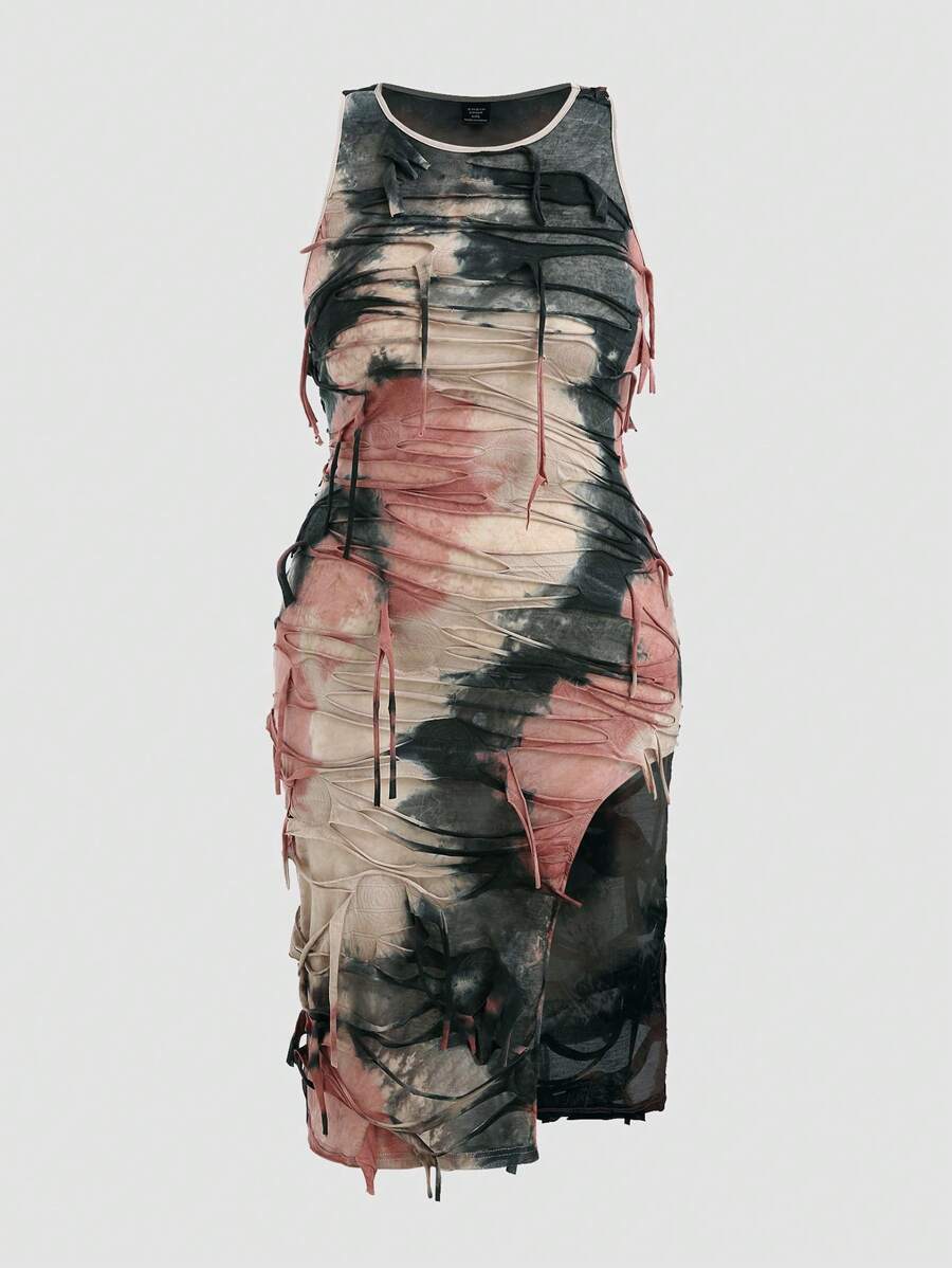 Flirla 大码扎染镂空开衩连衣裙女装夏季 - 棕色 - 查看 1