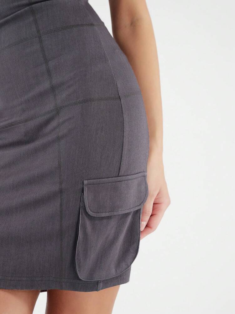 Women's Sleeveless Bodycon Denim Effect Dress With 3d Pockets