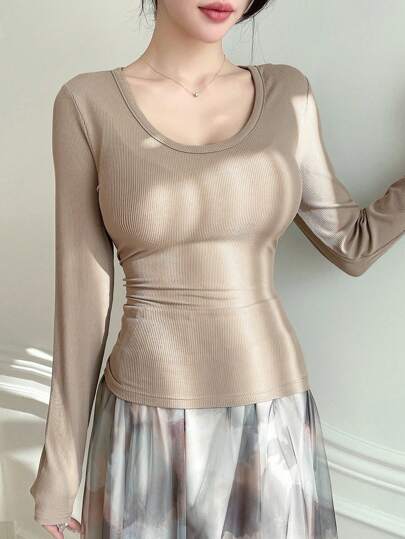 DAZY Camiseta de manga larga ajustada y acanalada, transparente, ropa de mujer de otoño