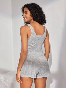 Ocili 女性實色肋紋針織背心和短褲休閒套裝 - 灰色 - 查看 2