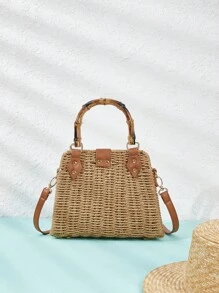 SHEIN VCAY Bolso de paja tejido de color camel para mujer con mango similar a bambú - Camel - Ver 4