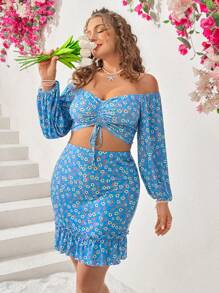 Dreamara Plus Size Women's Off-Shoulder Long Sleeve Floral Print Top And Skirt Set - Multicolor - View 7