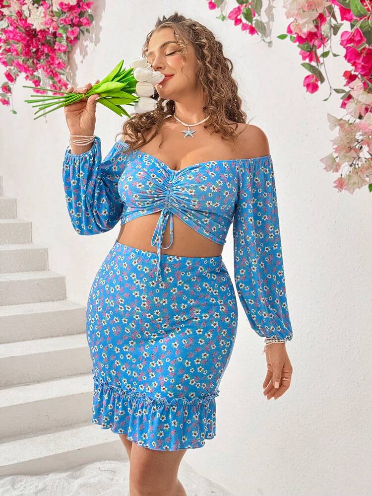 Plus Size Women's Off-Shoulder Long Sleeve Floral Print Top And Skirt Set