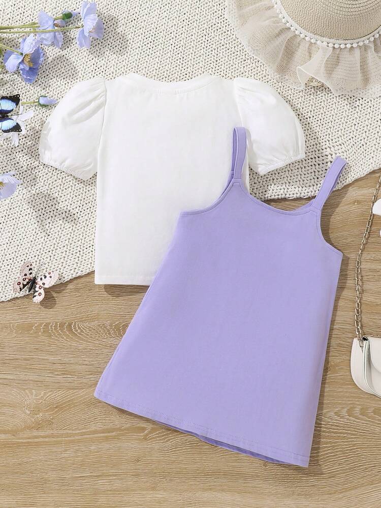 Baby Girl Casual Knit Solid Color Bubble Sleeve Top And Purple Strap Dress Set