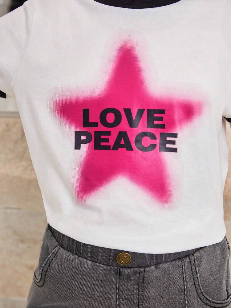 Tween Girl Letter And Star Print Ringer Tee & Split Hem Skirt Set