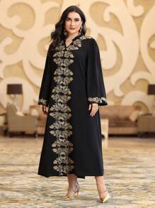 Layrah Vestido tipo kaftan con escote en pico, bordado floral, estilo de fiesta de lujo elegante, tallas grandes
