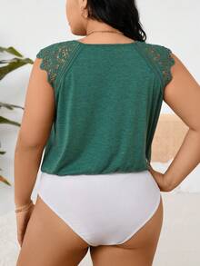 SHEIN LUNE Hơn Ren Tay Raglan Patch Ren Màu xanh lá Vòng cổ Mùa hè Áo liền quần chặt - màu xanh lá - Xem 2