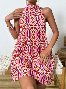 SHEIN LUNE Women's Printed Halter Neck Dress - Red - View 3