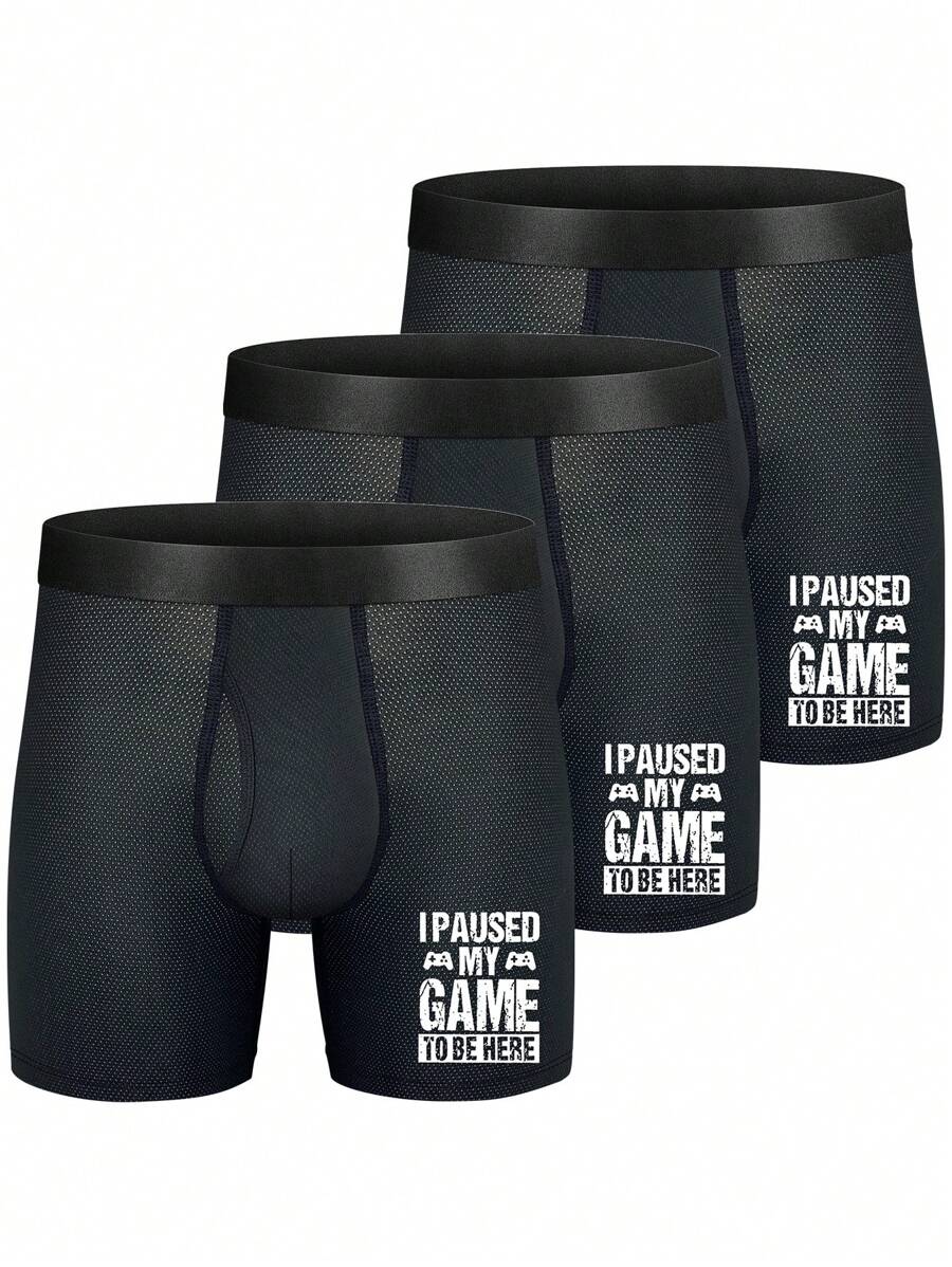 Men's Printed Letter Mesh Boxer Briefs (Pack Of 3) - Black - View 1