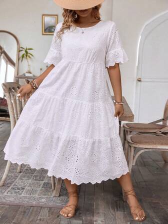 Flouryn Plus Size Monochrome Hollow Out Embroidery Dress With Shell Edge Maxi Women Outfit