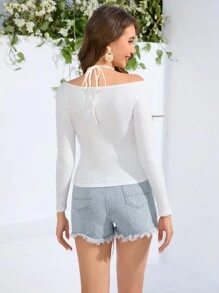 GENKIRA Của phụ nữ Tay áo dài Dây Tie Trước Áo thun - trắng - Xem 2