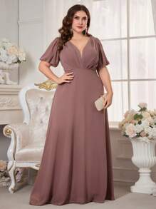 Plus Size V-Neck Pleated Chiffon Evening Dress - Dusty Pink - View 4