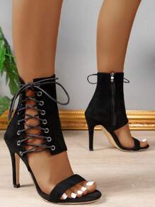 Mùa Hè 2024 Cao Gót Rỗng Ra La Mã Giày Sandal Chống Thấm Nước Đế Peep Toe Giày Bốt Dành Cho Phụ Nữ Có Gót Mỏng, khóa Dây Kéo - màu đen - Xem 2