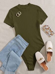 SHEIN EZwear 純色鐵鍊針織短袖連身衣 - 軍綠色 - 查看 6