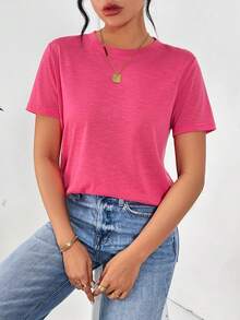 SHEIN Essnce Của phụ nữ Cơ bản Áo sơ mi Áo thun - Màu Hồng Tươi - Xem 5