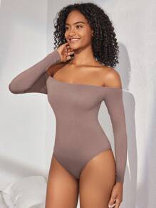 Ocili Leisure Women's Solid Color Off Shoulder Bodysuit Pajamas - Brown - View 4