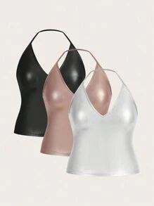 SHEIN SXY Plus Size3pcs High Elasticity Halter Neck Metallic Top - Multicolor - View 9