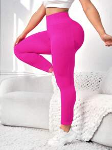Yoga Basic 大尺碼女性單色運動緊身褲 - 玫紅色 - 查看 2