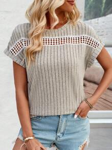 SHEIN LUNE Women's Patchwork Lace & Weave & Ribbed Detail Casual T-Shirt - Apricot - View 7