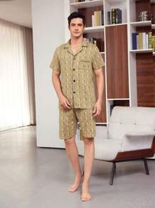 Men's Geometric Pattern Short Sleeve Shirt Pajama Set