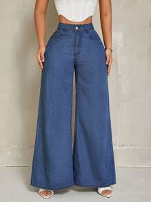 Women's High Waist Wide Leg Jeans - Medium Wash - View 2