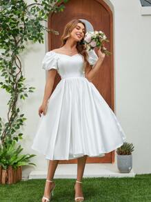 Elasola Satin Wedding Dress With Sweetheart Neckline, Bow Decor Puff Sleeves White Elegant Dress, Bridal Shower Dress White Dress