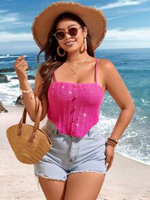 Flirla Plus Size Women's Knitted Buttoned Camisole - Royal Blue - View 3