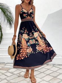 SHEIN LUNE Women's Sleeveless Peacock Print Dress - Multicolor - View 6