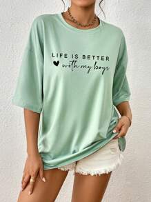 SHEIN EZwear 女性口號印花垂肩袖t恤 - 綠色 - 查看 6