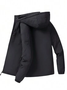 Men's Long Sleeve Solid Zip Pocket Casual Fleece Hooded Jacket, Fall/Winter - Black - View 3