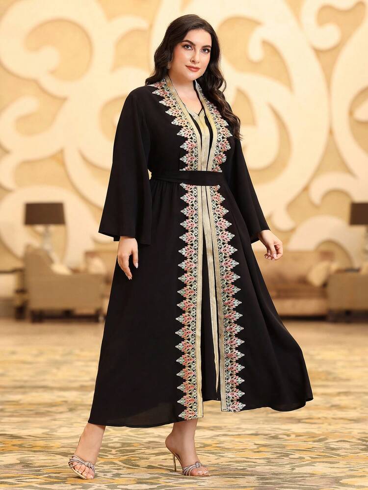 Plus Size Embroidery Patchwork Jacket & Woven Belt Patchwork Dress Kaftan Jalabiya Dress