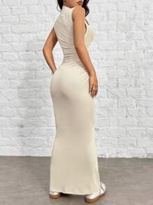 SHEIN EZwear 女士杏色針織立領修身美人魚裙 - 杏色 - 查看 2