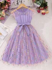 Sparklyn 少女優雅甜美時尚花朵網紗無袖裙 - 紫色 - 查看 1
