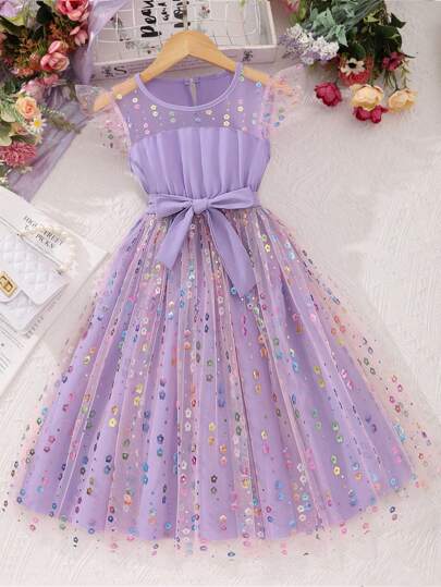 Sparklyn Tween Girls' Elegant Sweet Fashionable Flower Mesh Sleeveless Dress