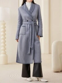 Seusyu Shawl Collar Dual Pocket Belted Coat - Grey - View 1