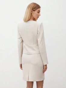 BizChic 女式双排扣长袖西装外套和配套铅笔裙套装，都市通勤商务休闲正式优雅装，秋冬 - 杏色 - 查看 5