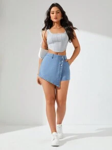 Women's Solid Color Button-Wrap Denim Skort - Medium Wash - View 6