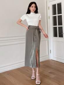 DAZY Women's Satin Skirt With Front Slit Fall Skirts - Green - View 5