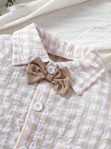 Baby Boy Bow Tie Gingham Short Sleeve Shirt, Shorts And Hat Outfit Set - Brown - View 4
