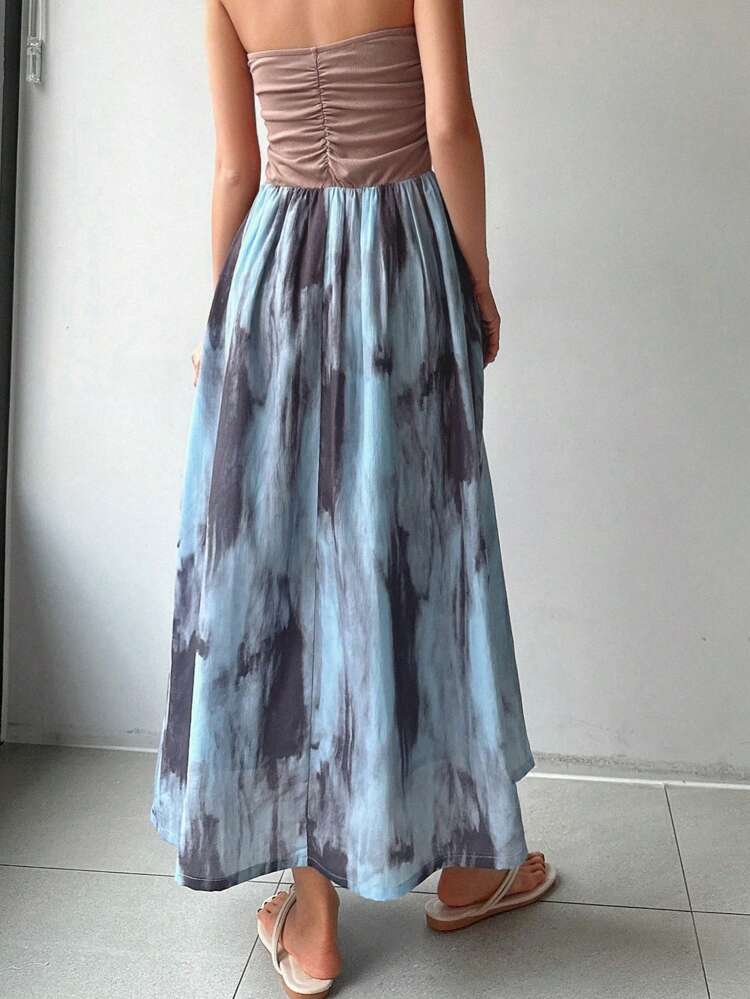 Women's Pleated Tie-Dye Strapless Dress Sundress,Casual Women Dresses Maxi Dress