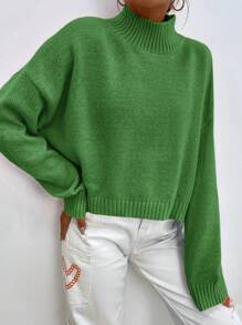 EURMUSE Solid Turtleneck Sweater - Green - View 3