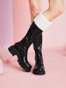 Two Tone Knee High Chunky Heeled Boots