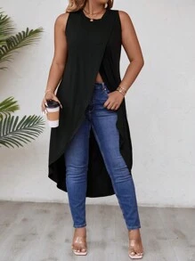 Breezaya Xl-5xl Plus Size Solid Color Wrap Hem Tank Top For Summer - Black - View 6